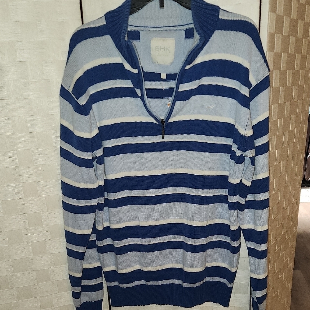 Men's Blue and White Striped Zip-Up Sweater